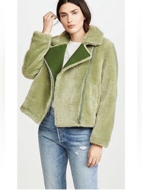 Paul & Joe Sister Gabin Faux Fur Teddy Jacket Coat Sage Green Size 36 US 4. EUC.